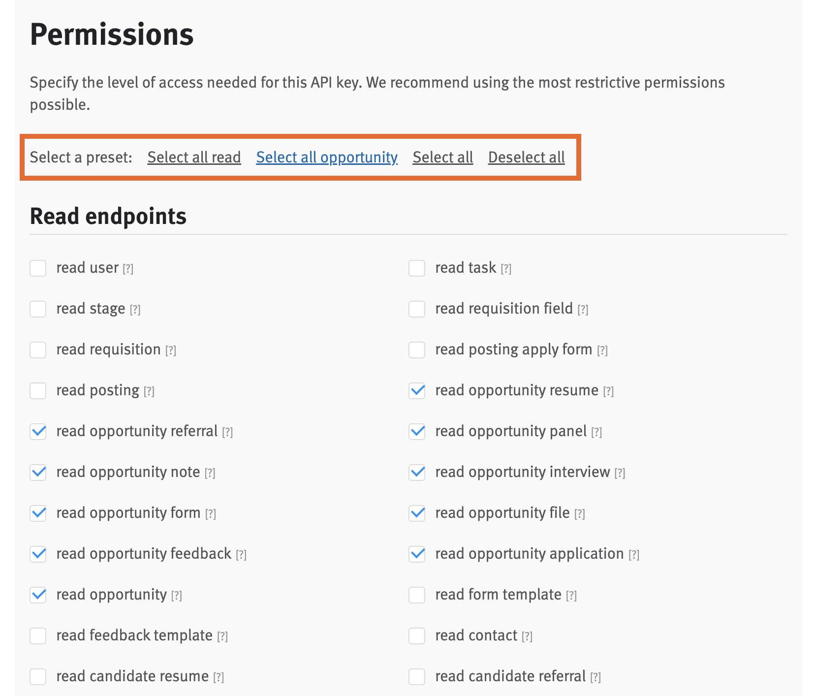 Close-up of permissions section in Lever API credential configuration editor with preset selection options outlined.