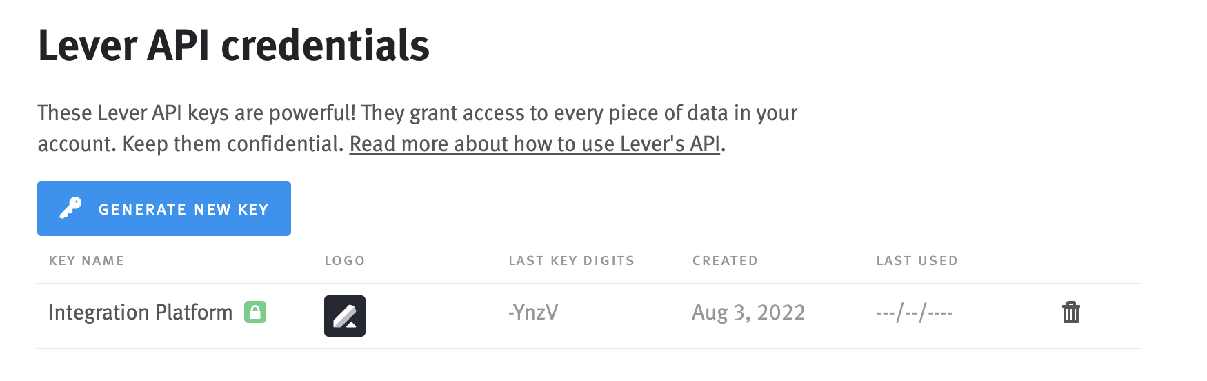 Close-up of Lever API credentials list with on API key listed.