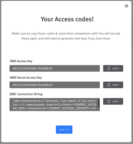 Access codes modal