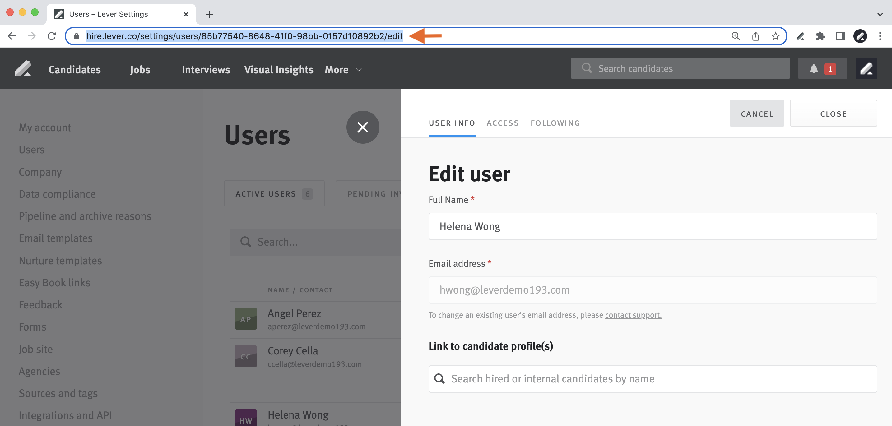 User profile with arrow pointing to highlighted URL