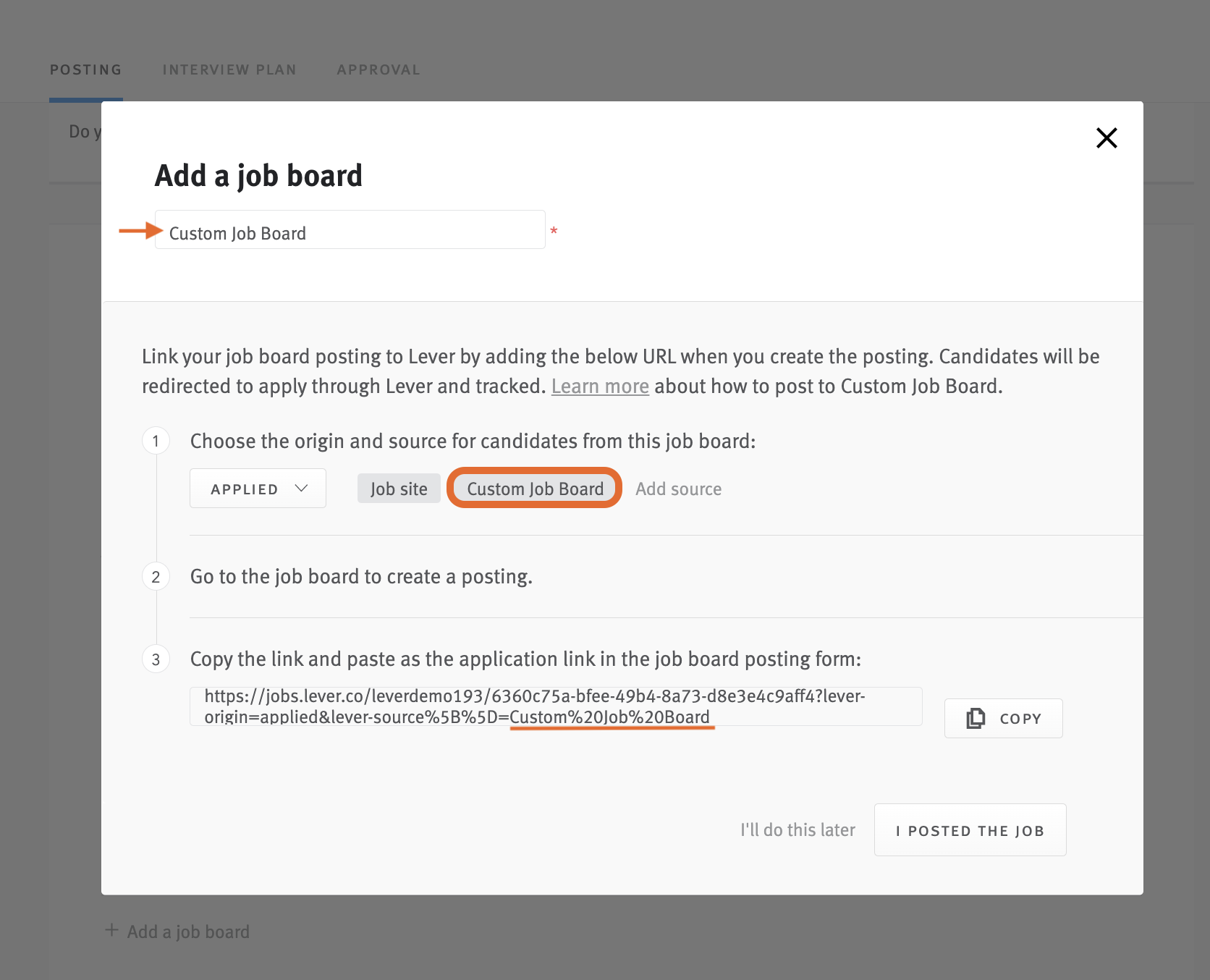 Add job board modal with arrow pointing job board title, custom job board source tag, and text in custom URL following 5D=.
