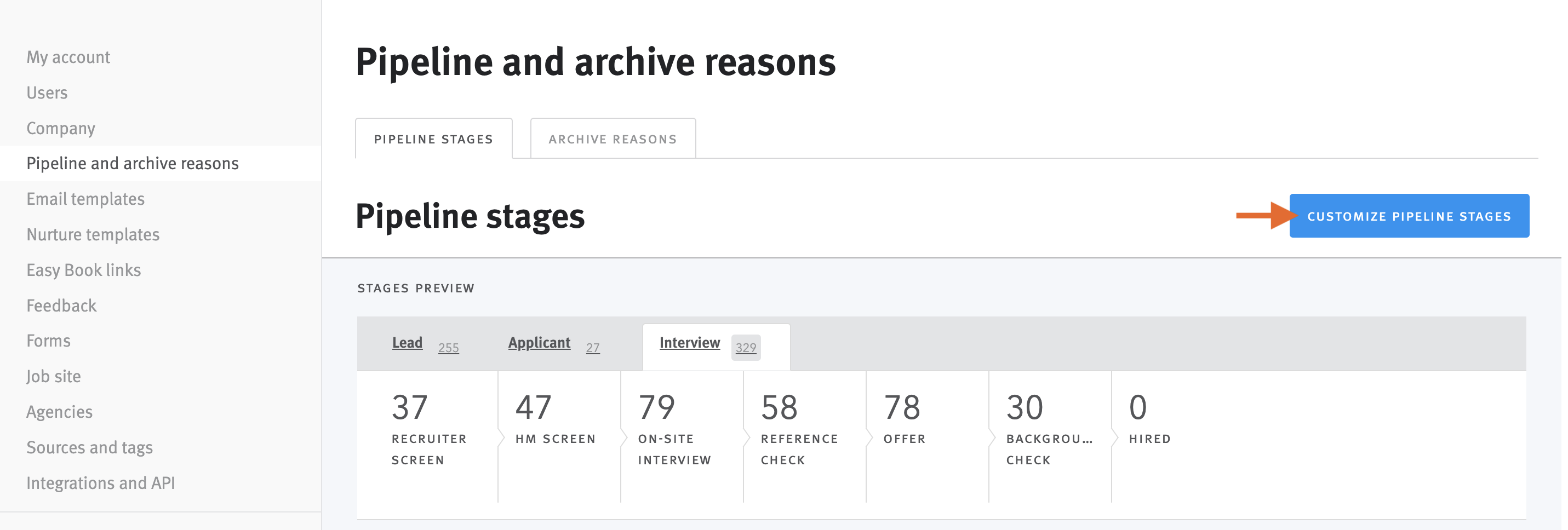 Pipeline and archive reasons page in Settings, with arrow pointing to Customize Pipeline Stages button.