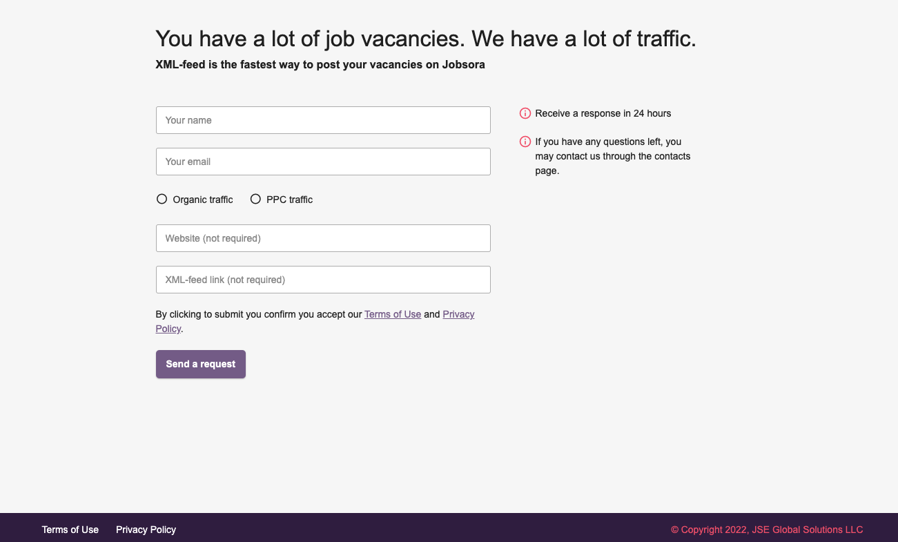 Jobsora request page showing contact and XML feed link fields