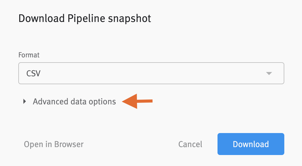 Data download modal with arrow pointing to Advnaced data options beneath export format menu.