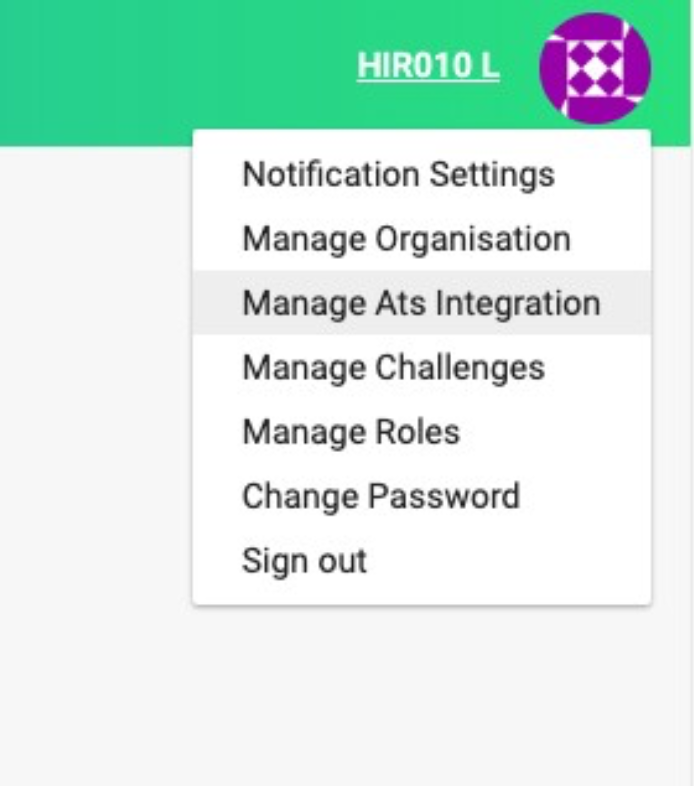 Geektastic platform settings dropdown menu with Manage ATS Integration selected.