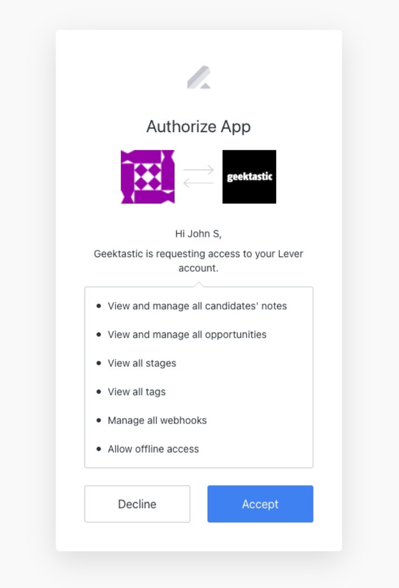 Lever authorize platform modal with list of permissions and blue accept button.