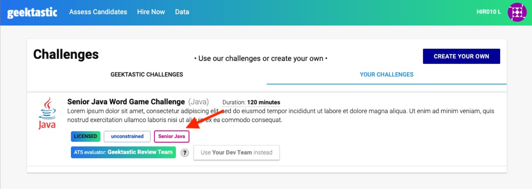 Geektastic platform challenges page with challenge listing and arrow pointing to tags section.