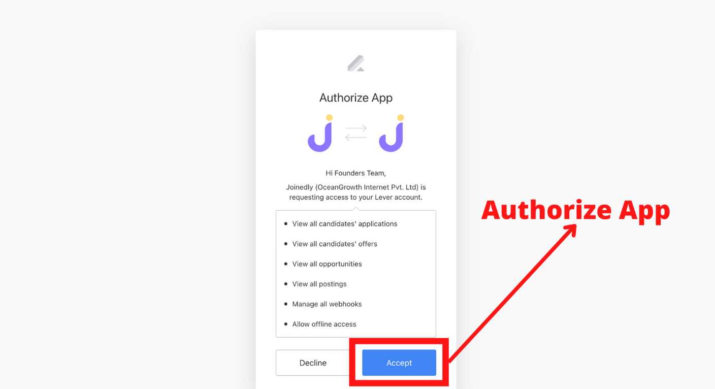 Lever and Joinedly authorize app modal showing list of permissions and blue accept button