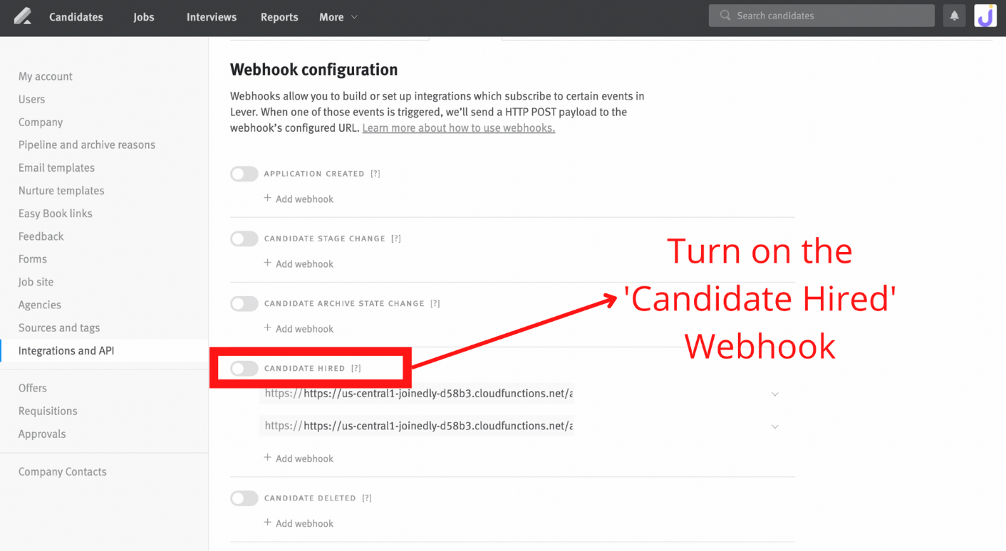 Lever settings integrations and API page with candidate hired webhook outlined