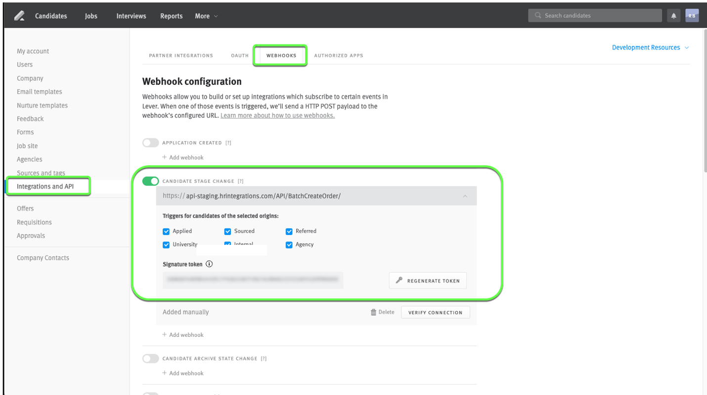Lever integrations and API settings page with candidate stage change section outlined