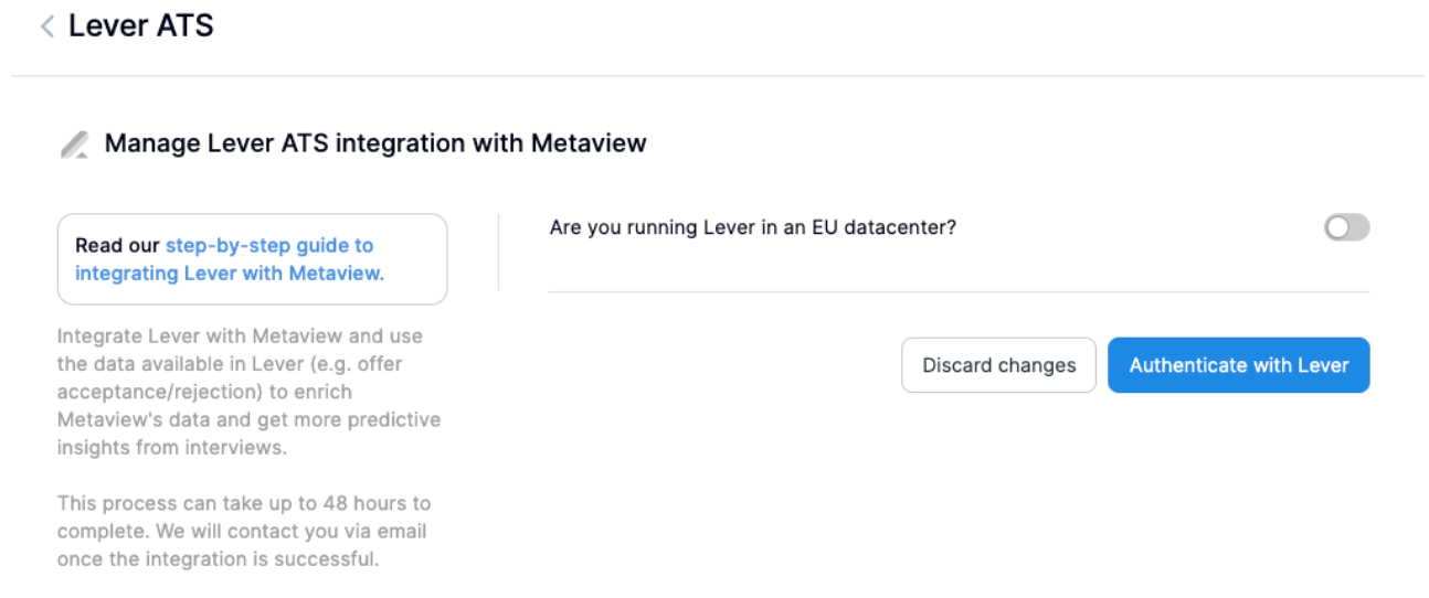 Metaview platform with Manage Lever ATS integration page with blue authenticate with Lever button.