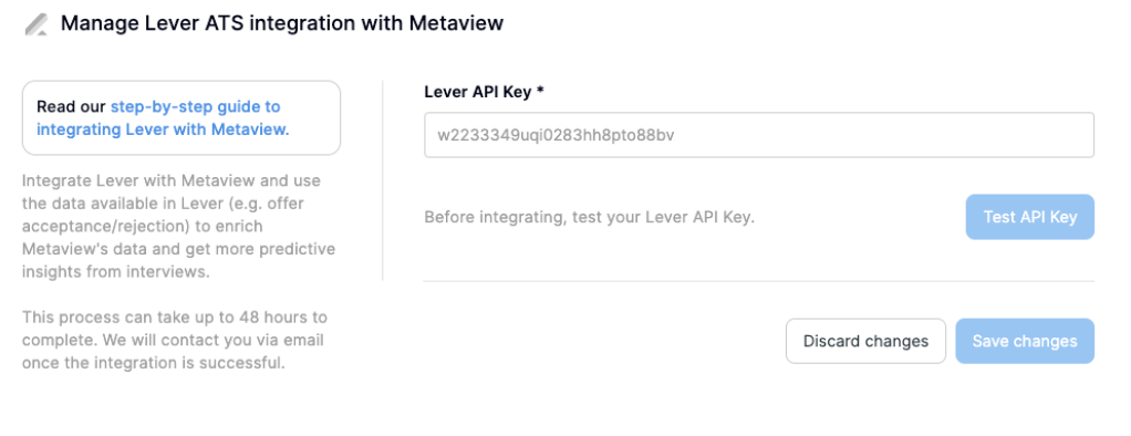 Metaview platform showing Manage Lever ATS integration page with Lever API key field.