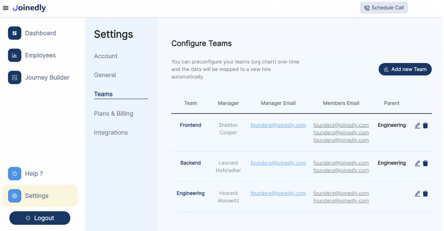 Joinedly settings with configure teams page with list of job postings