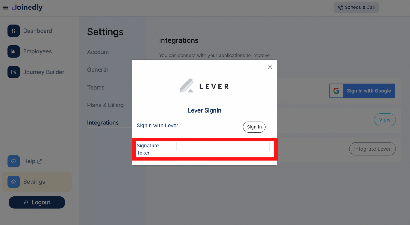 Joinedly lever signin modal with signature token and field outlined