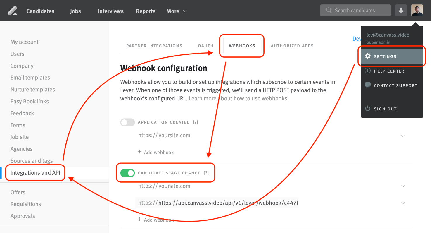 Lever platform integrations and API page showing webhooks tab and candidate stage change toggle outlined.