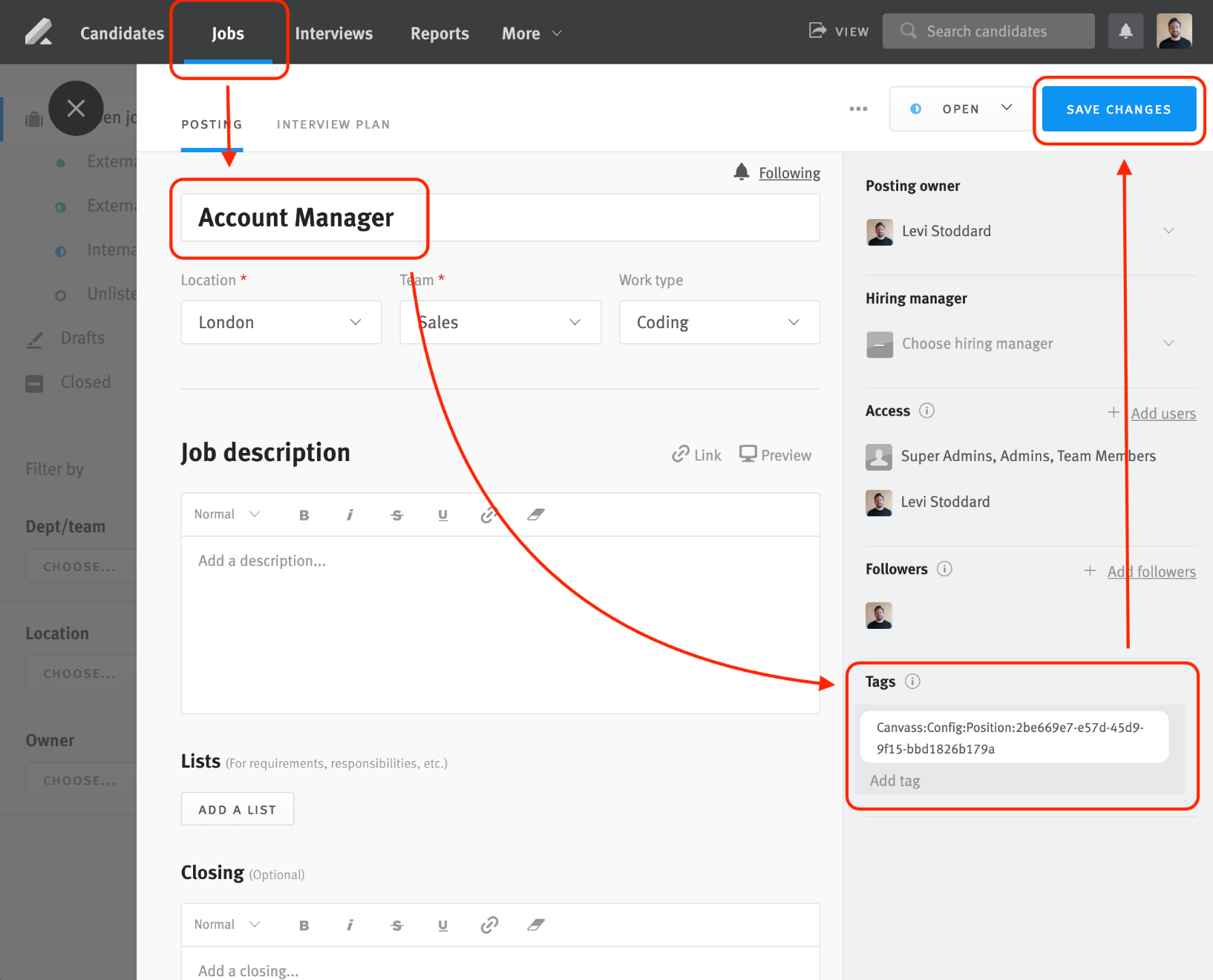 Lever platform showing job posting editor with job title, tags, and save changes button outlined.