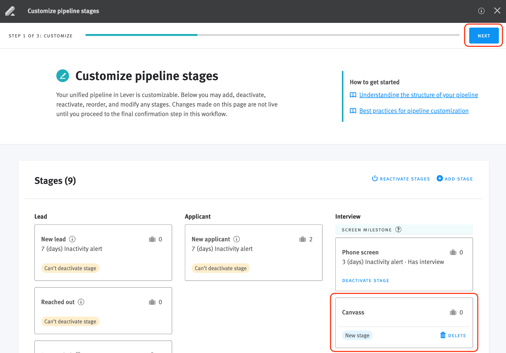 Lever customize pipeline stages page with canvass card outlined.