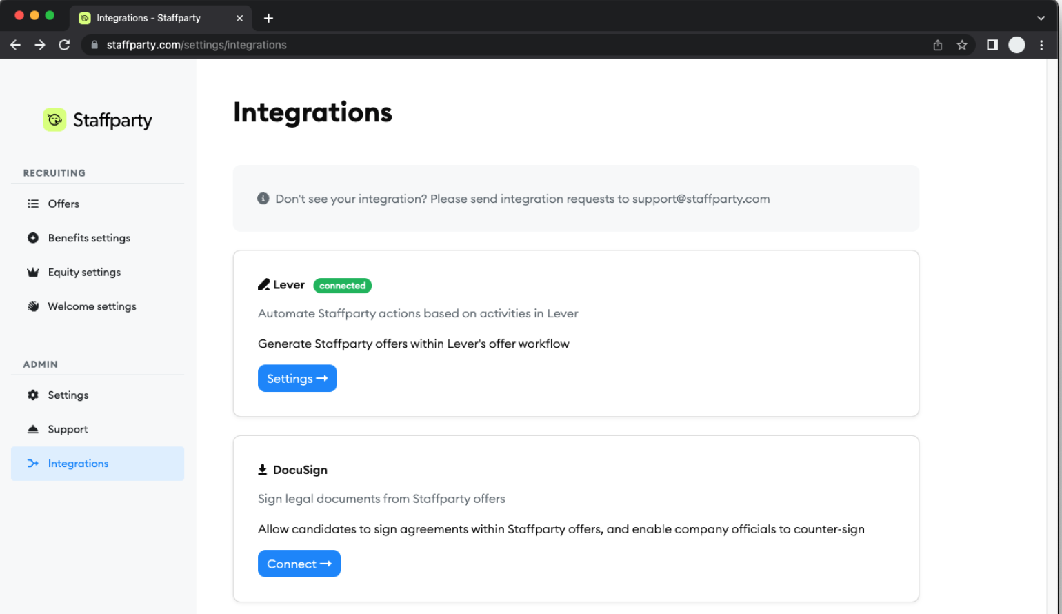 Staffparty integrations page showing Lever card.