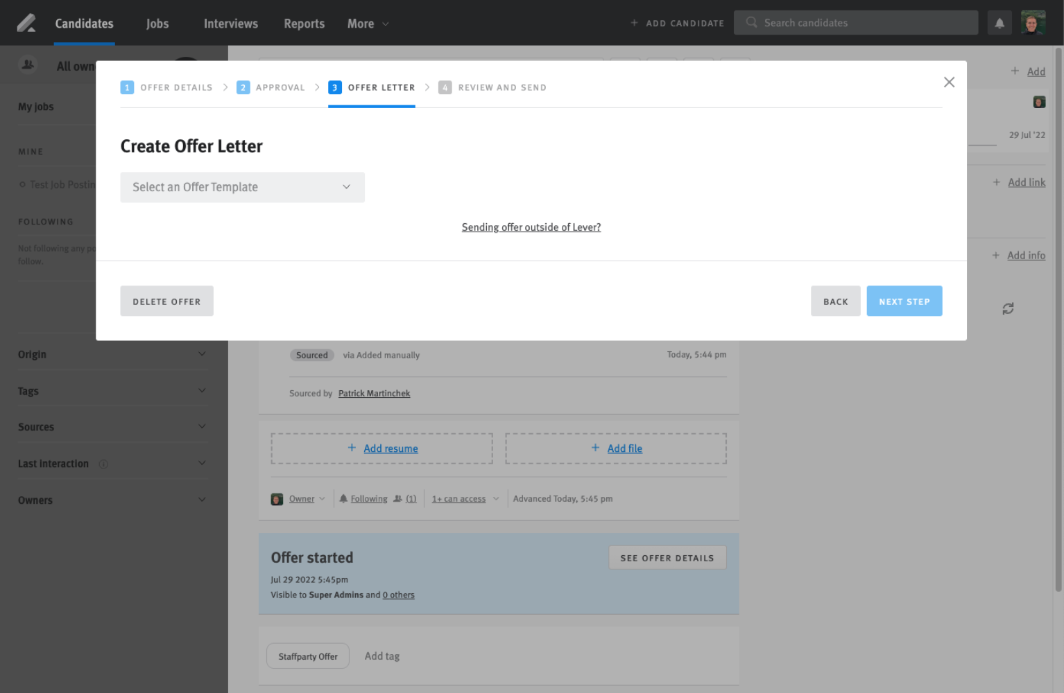 Lever create offer Letter modal with select an offer template dropdown menu.