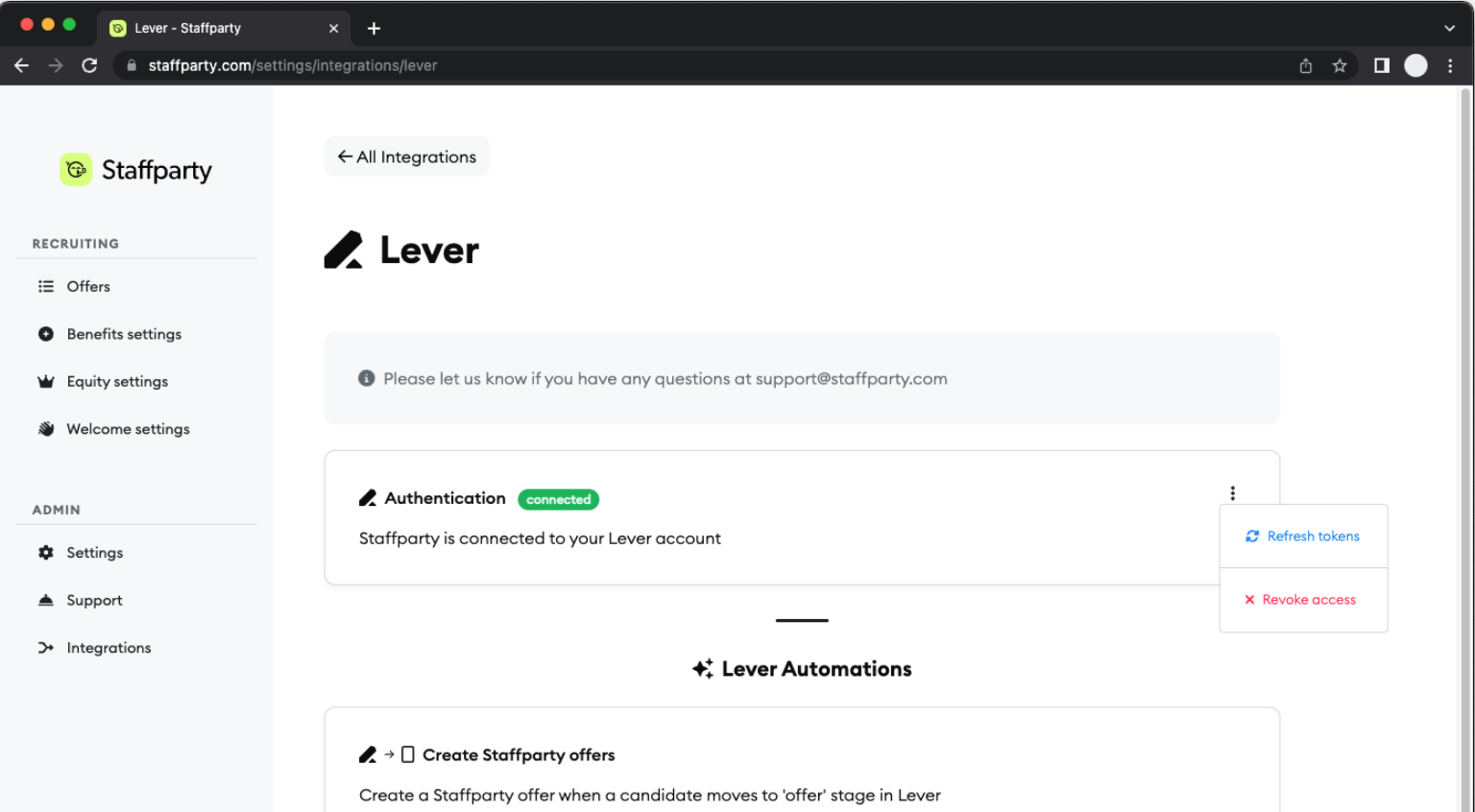 Staffparty integrations page showing Lever details with Refresh tokens and revoke access actions.