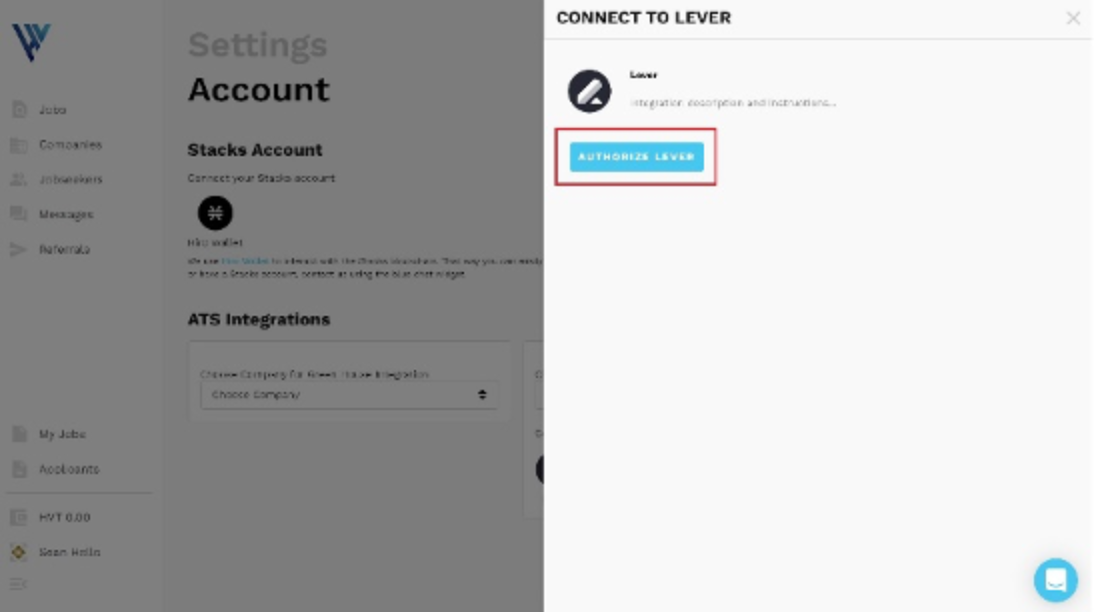 Hirevibes settings with Lever authorize lever button outlined