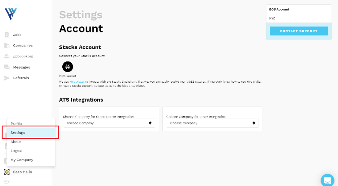 Hirevibes settings with settings outlined from menu