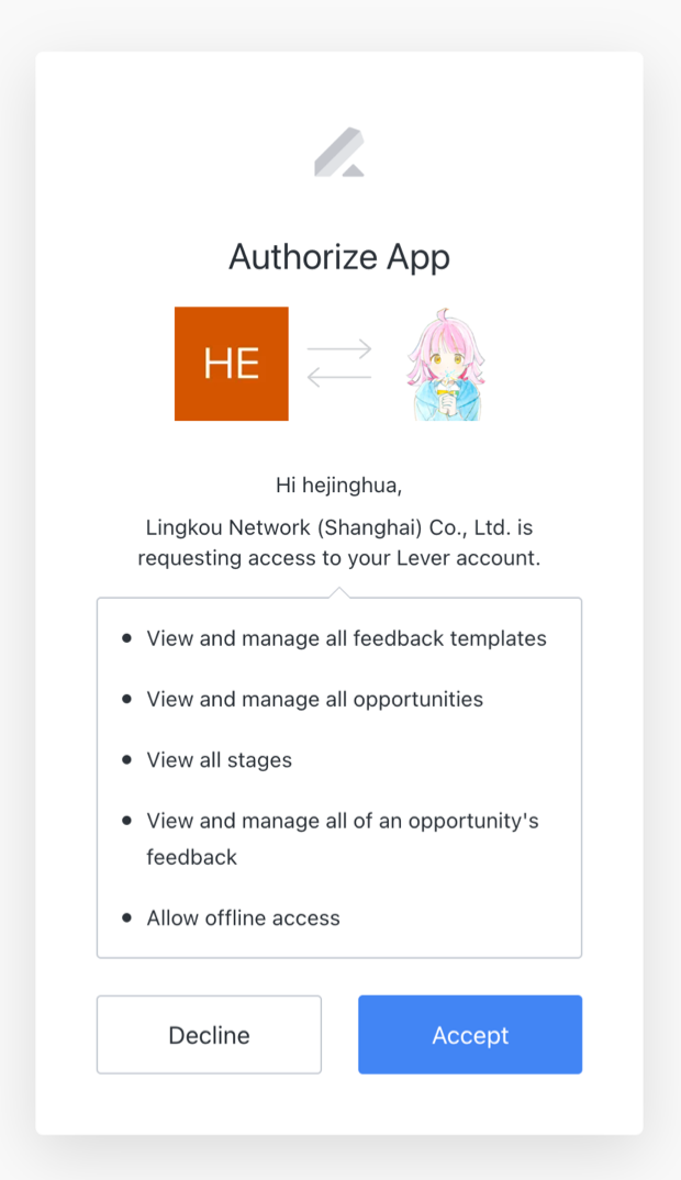 Lever authorize app modal with list of permissions and blue accept button.