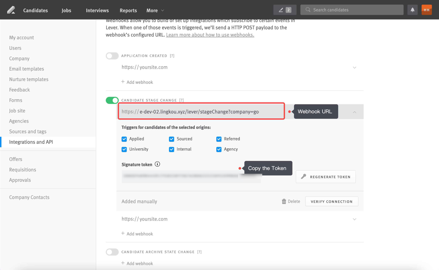 Lever platform candidate state change section toggle on with webhook URL outlined.