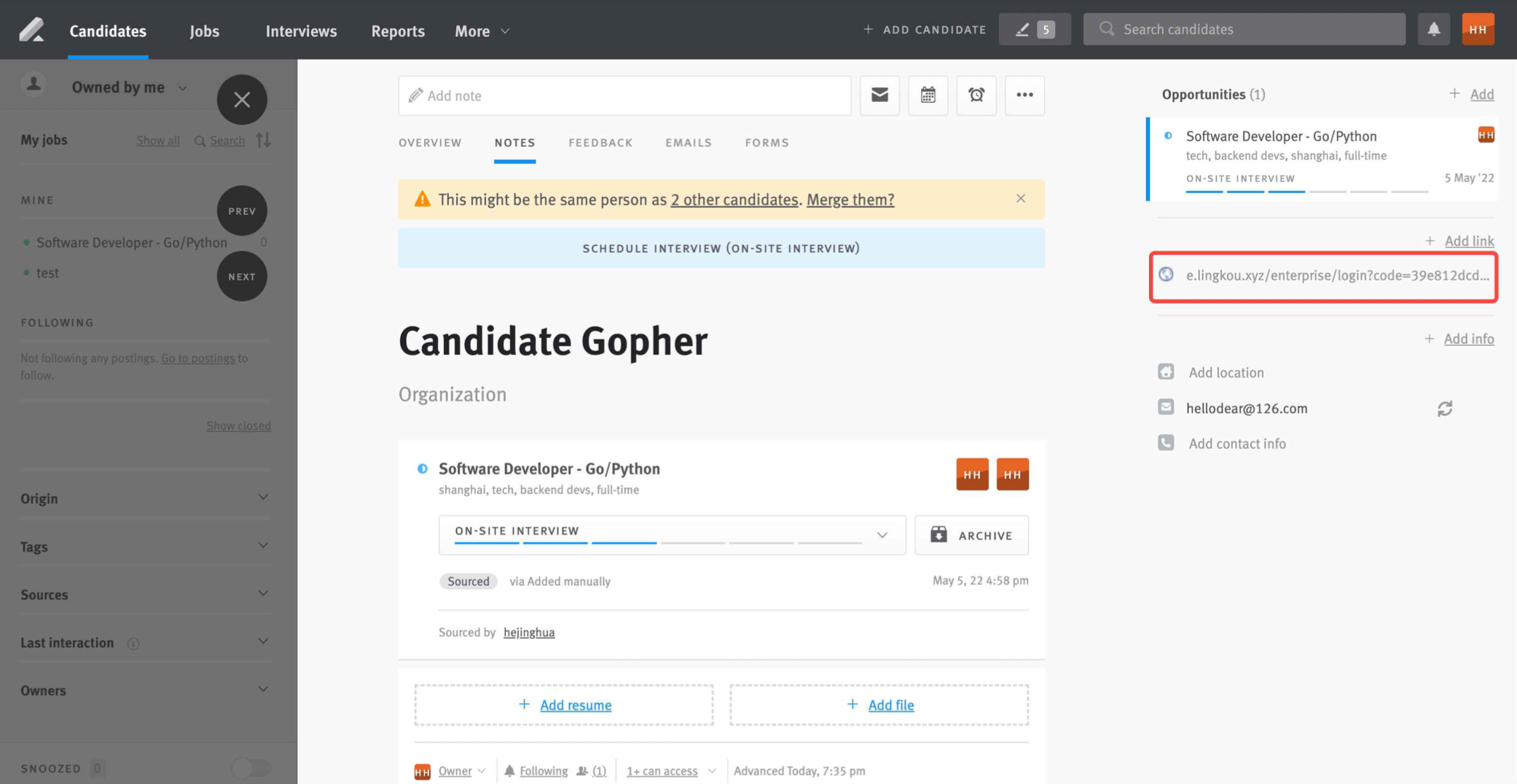 LEver candidate profile with LeetCode link in side menu outlined.
