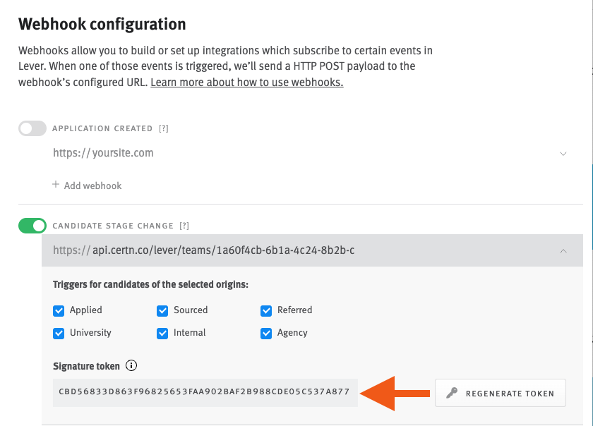 Certn configuration page with arrow pointing to signature token field