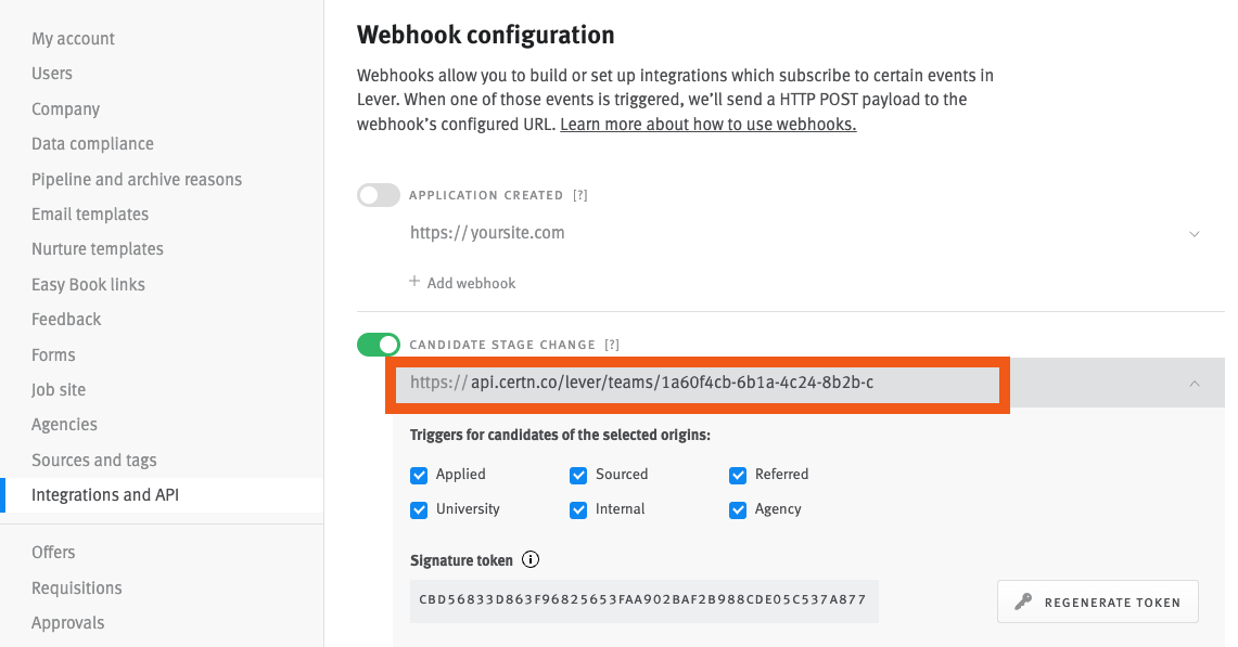 Webhook configuration page with a box highlighting the API Webhook URL field 