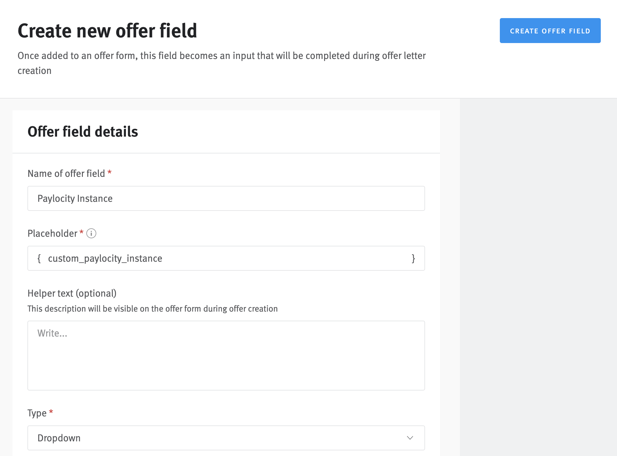 Offer field editor with Paylocity instance typed in title field and dropdown field type selected.
