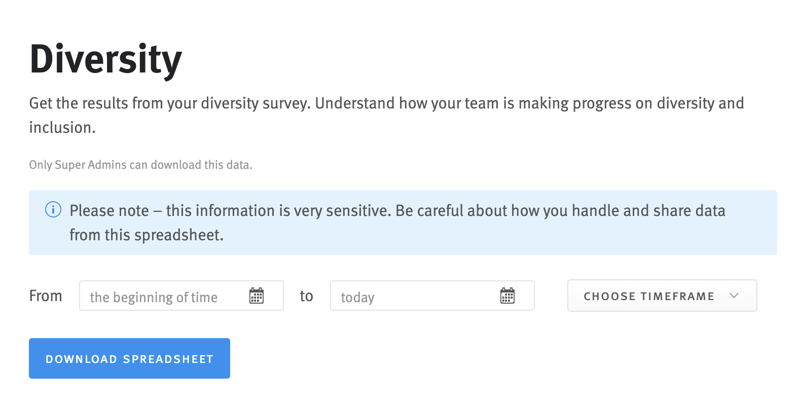 Diversity surveys page with time frame option and download spreadsheet button