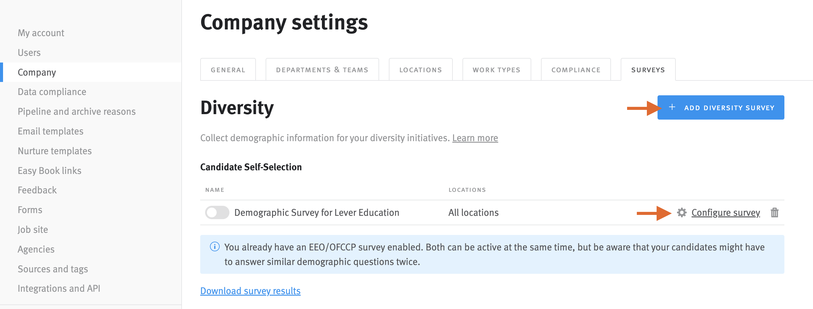 Survey configuration page in Company settings
