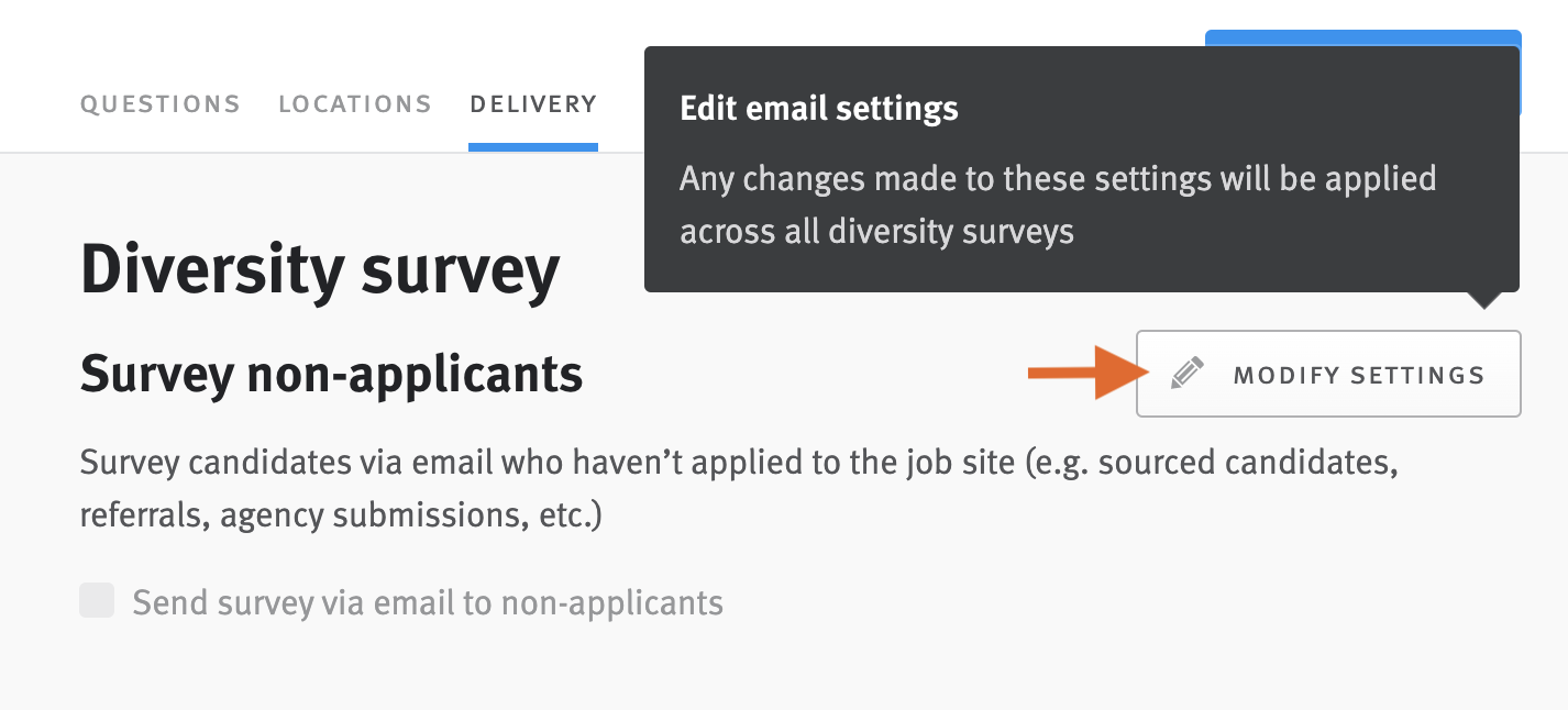 Delivery configuration section in survey editor with arrow pointing to Modify Settings button.