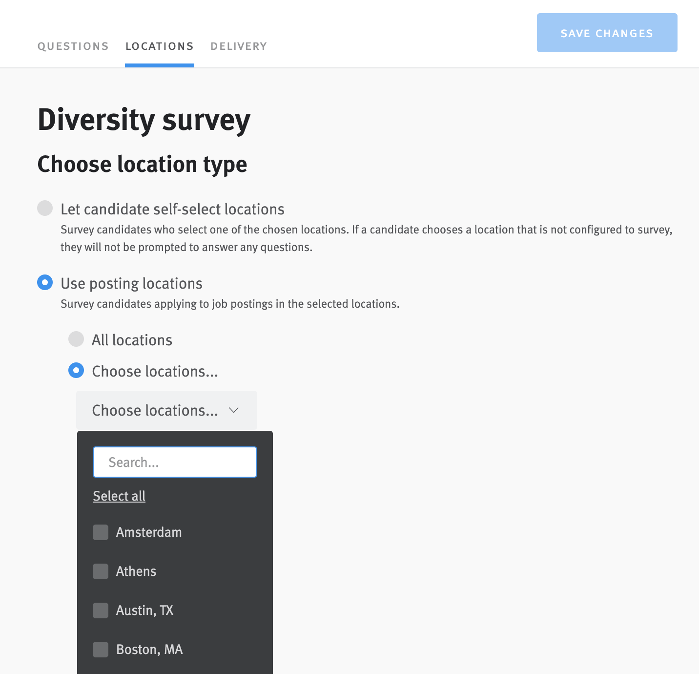 Diversity survey page with drop down menu of locations