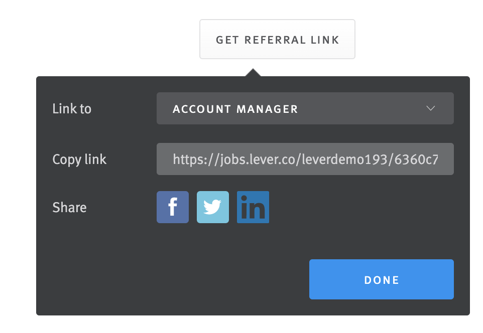 Close up of social referral link pop over