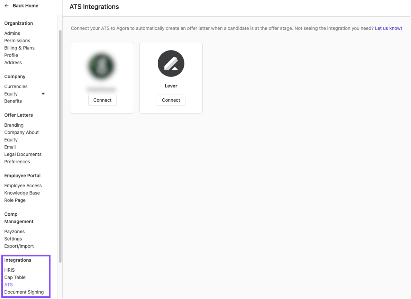 Agora ATS Integrations page with integrations and ats outlined in left hand menu