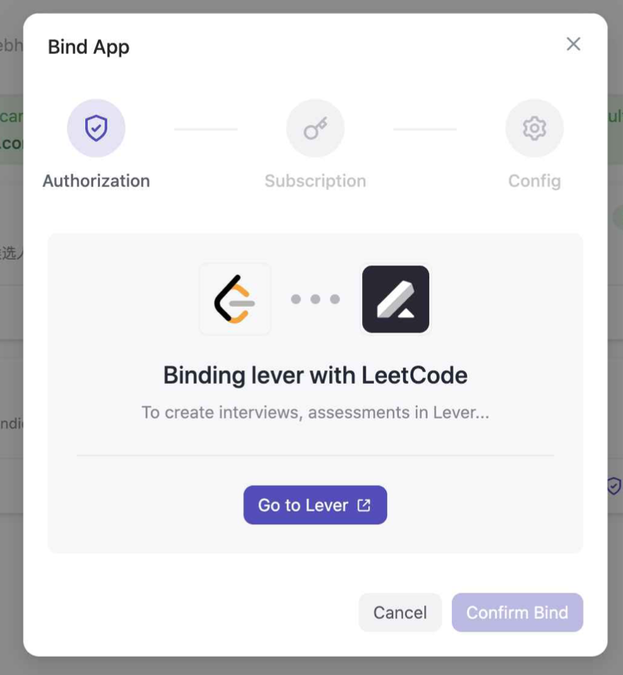 Lever Bind App modal with Go to Lever button.