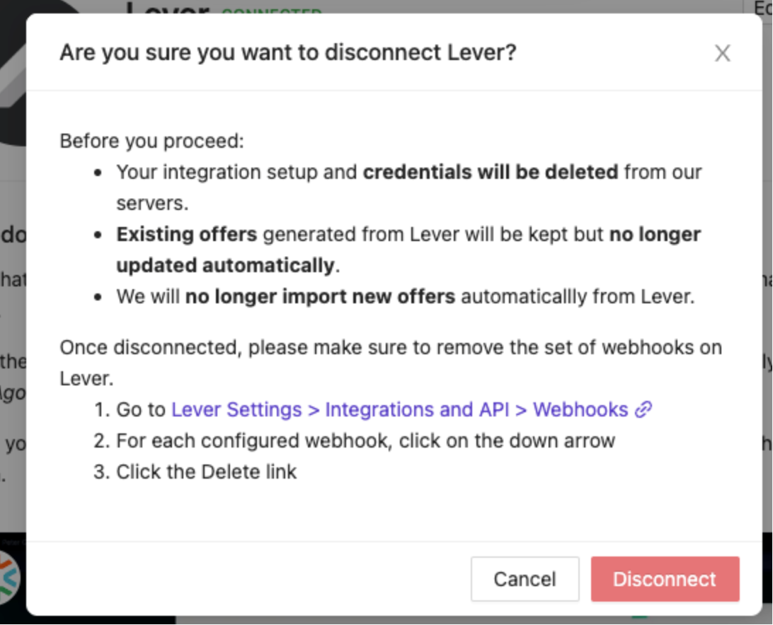 Disconnect from Lever confirmation message with red disconnect button