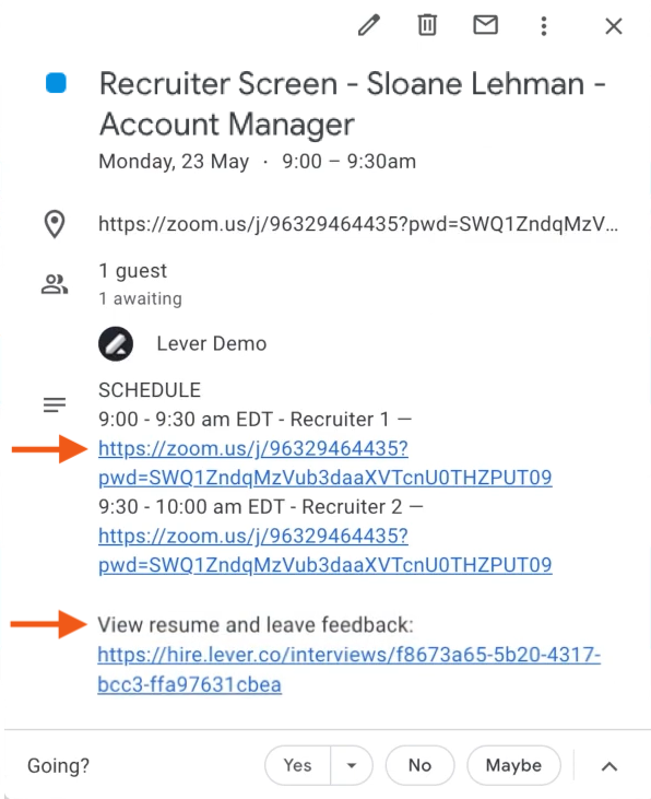 google calendar event with arrows pointing to zoom and resume links
