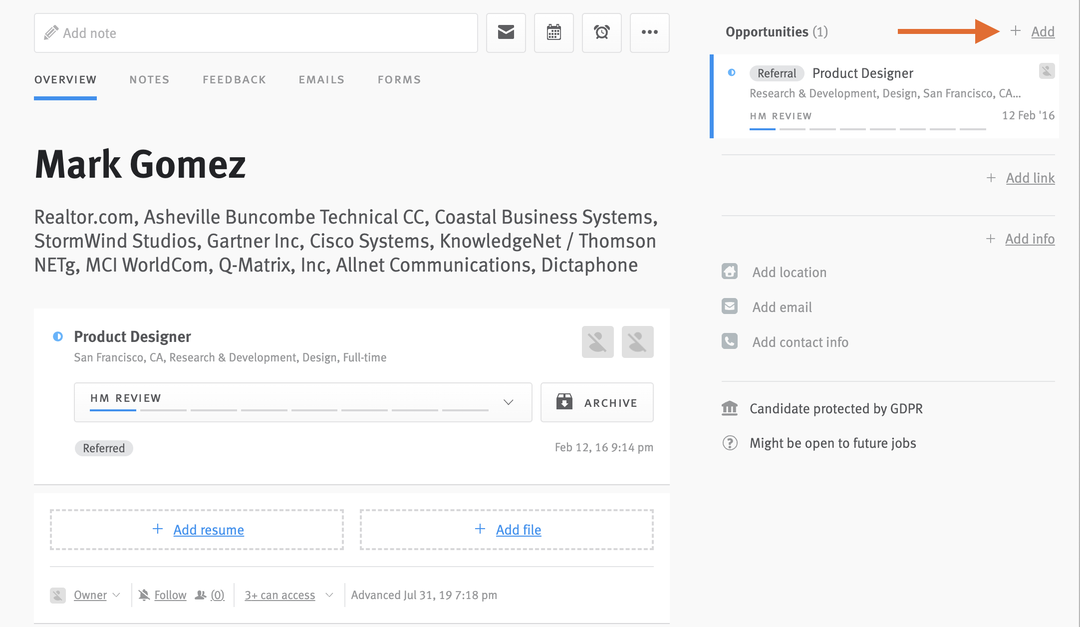 Candidate profile with arrow pointing to the add button in the opportunities section