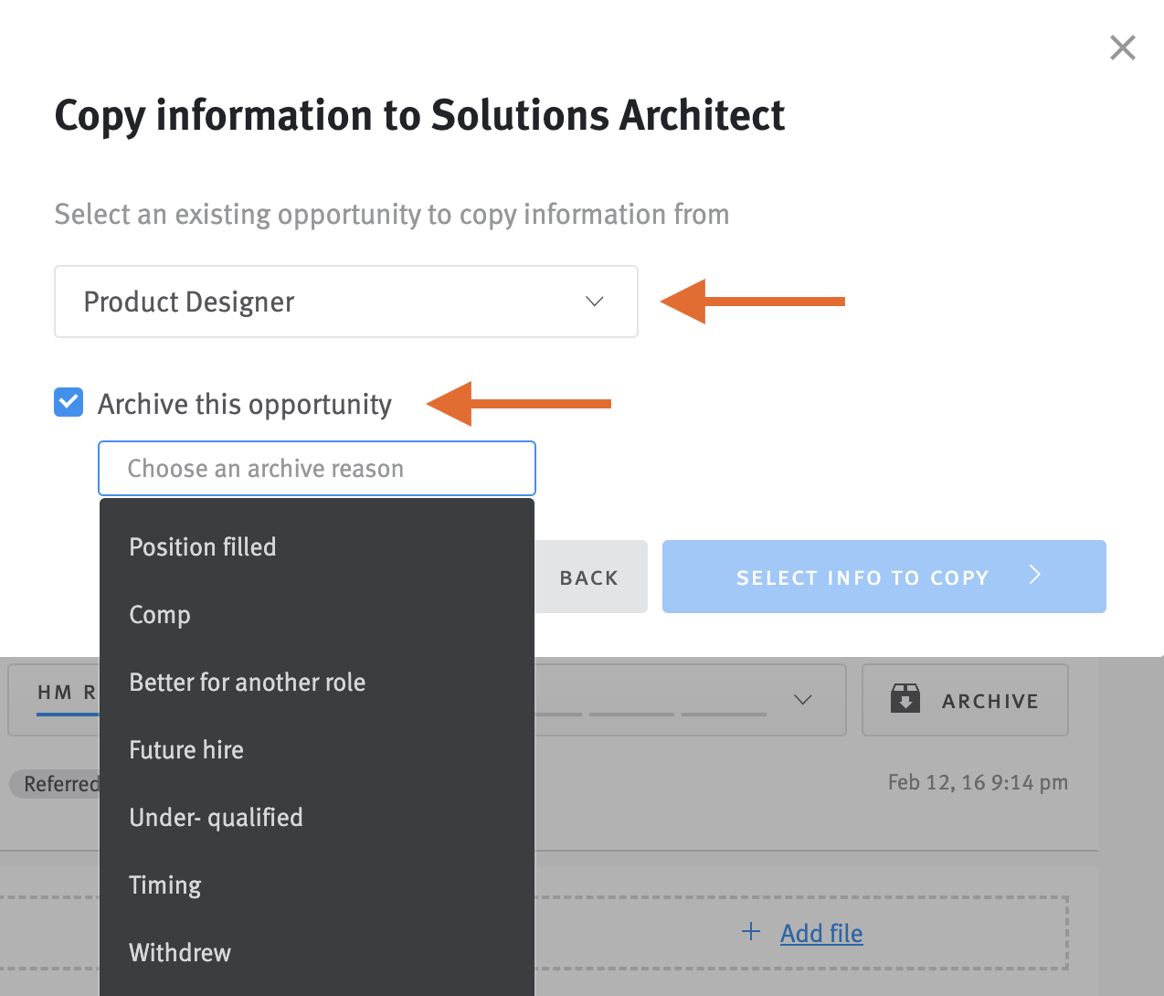 Consider for new job modal with arrow pointing to job drop down menu and archive this opportunity checked