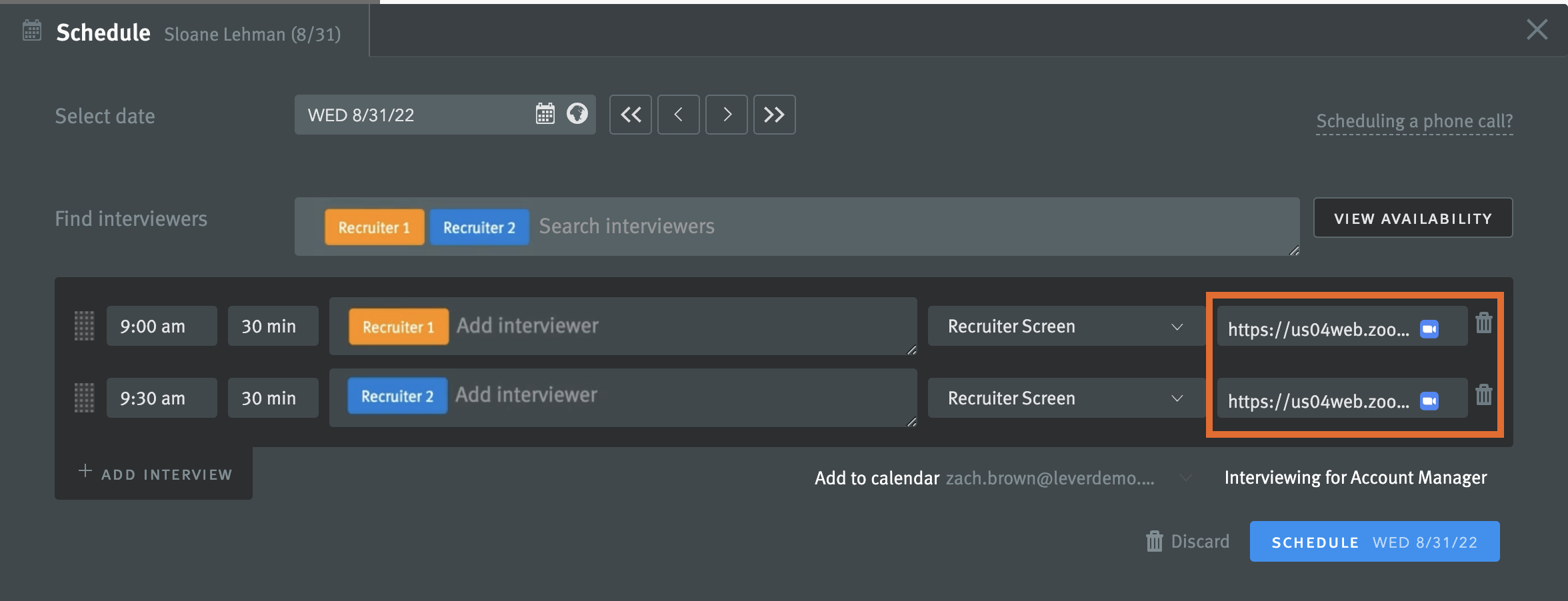 interview scheduler modal with zoom links outlined