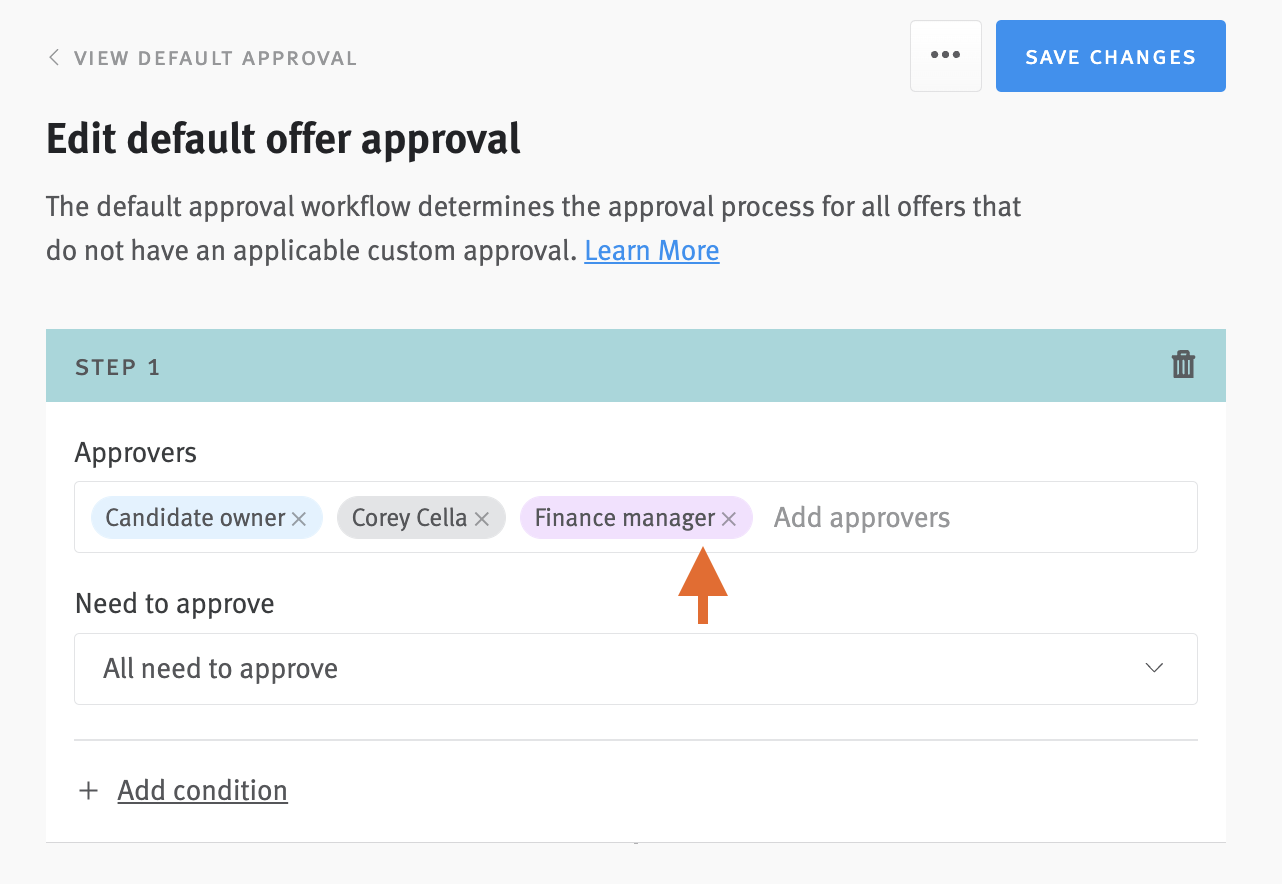 Offer approval editor with list of approvers in approvers field and arrow pointing to name in pink
