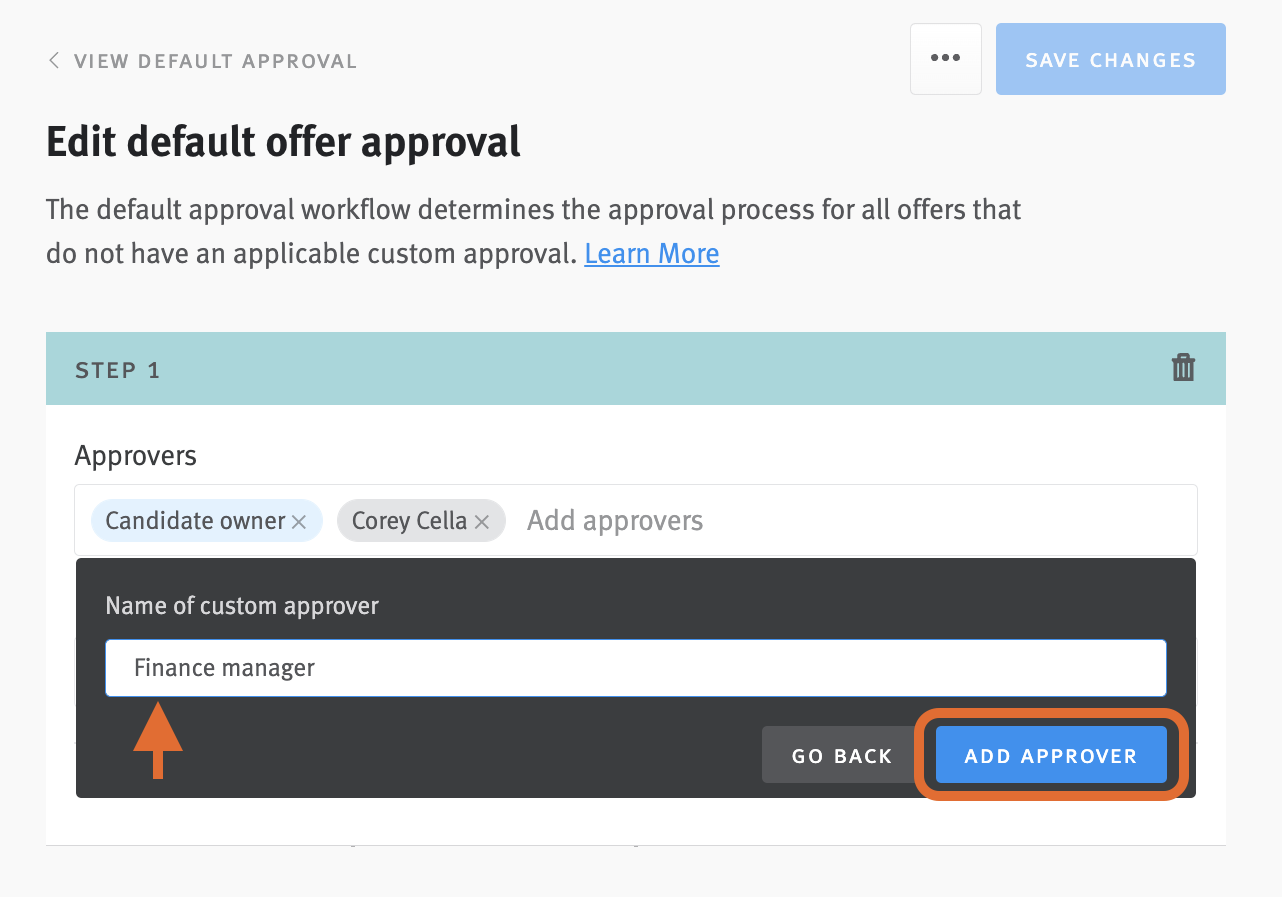 Offer approval editor with arrow pointing to name of custom approver field and add approver outlined