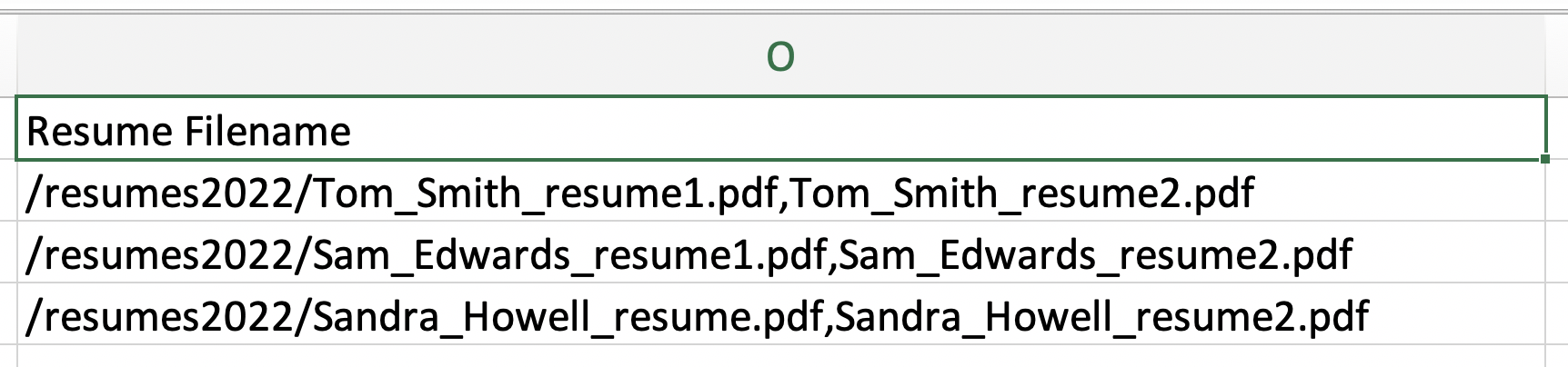 Close up of Resume filename column in bulk candidate import spreadsheet with multiple resumes for each candidate.