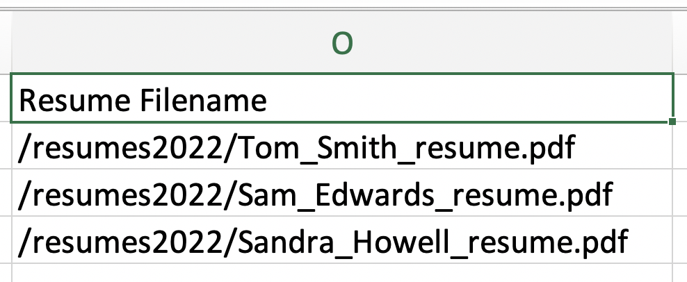 Close up of Resume filename column in bulk candidate import spreadsheet.