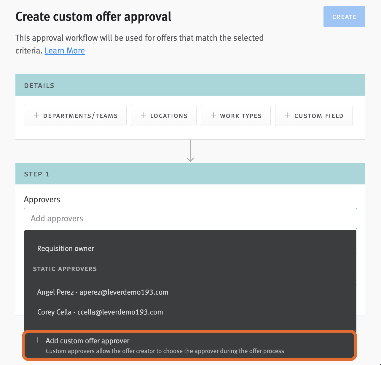 Offer approval editor with user list dropdown and add custom offer approver outlined