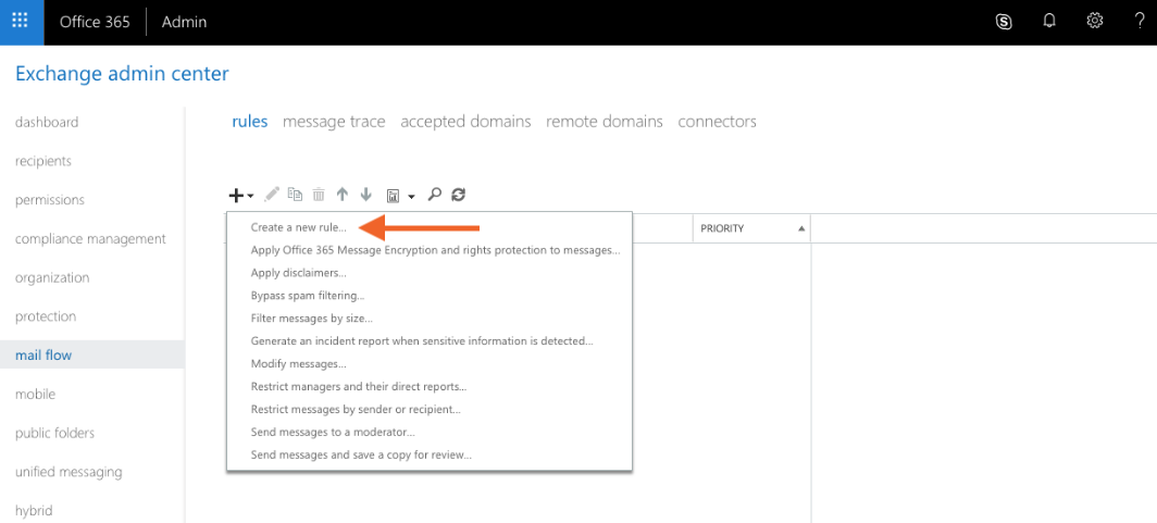 Exchange admin center with arrow pointing to create a new rule